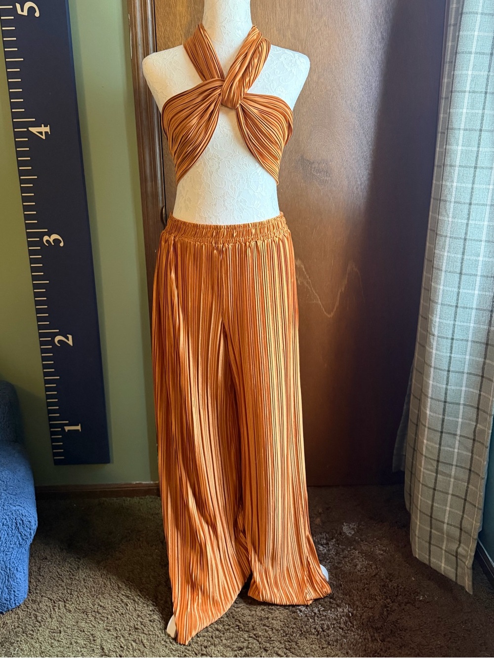 Hello Molly Pleated Wide-Leg Pants and Tie Crop Top Set - Rust Orange